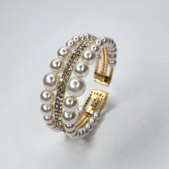 Multi-layer Pearl & Rhinestone Crystal Wrap Stretch Open Cuff Women's Bracelet - Picture 3 of 5
